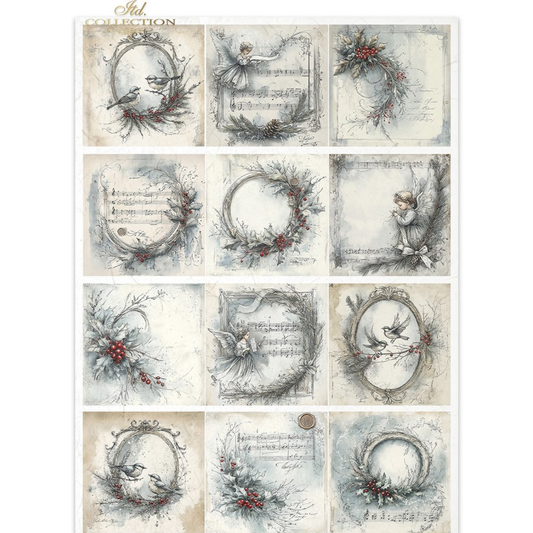 Collection of decorative images with various holiday themed designs framed by garlands.