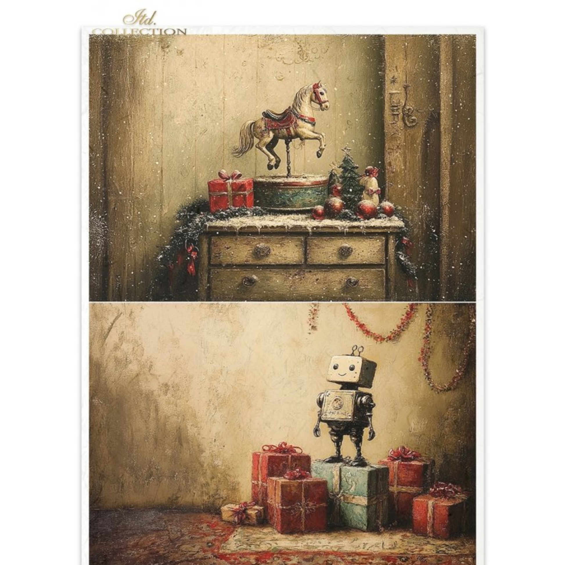 Two vintage-style illustrations of a rocking horse and a robot with presents.