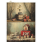 Two vintage-style scenes of holiday gifts including a ballerina music box and a tea set.
