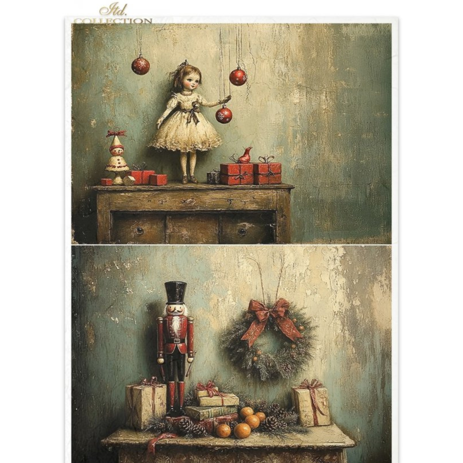 Two vintage-style Christmas-themed images of toys with a doll and nutcracker.