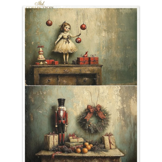 Two vintage-style Christmas-themed images of toys with a doll and nutcracker.