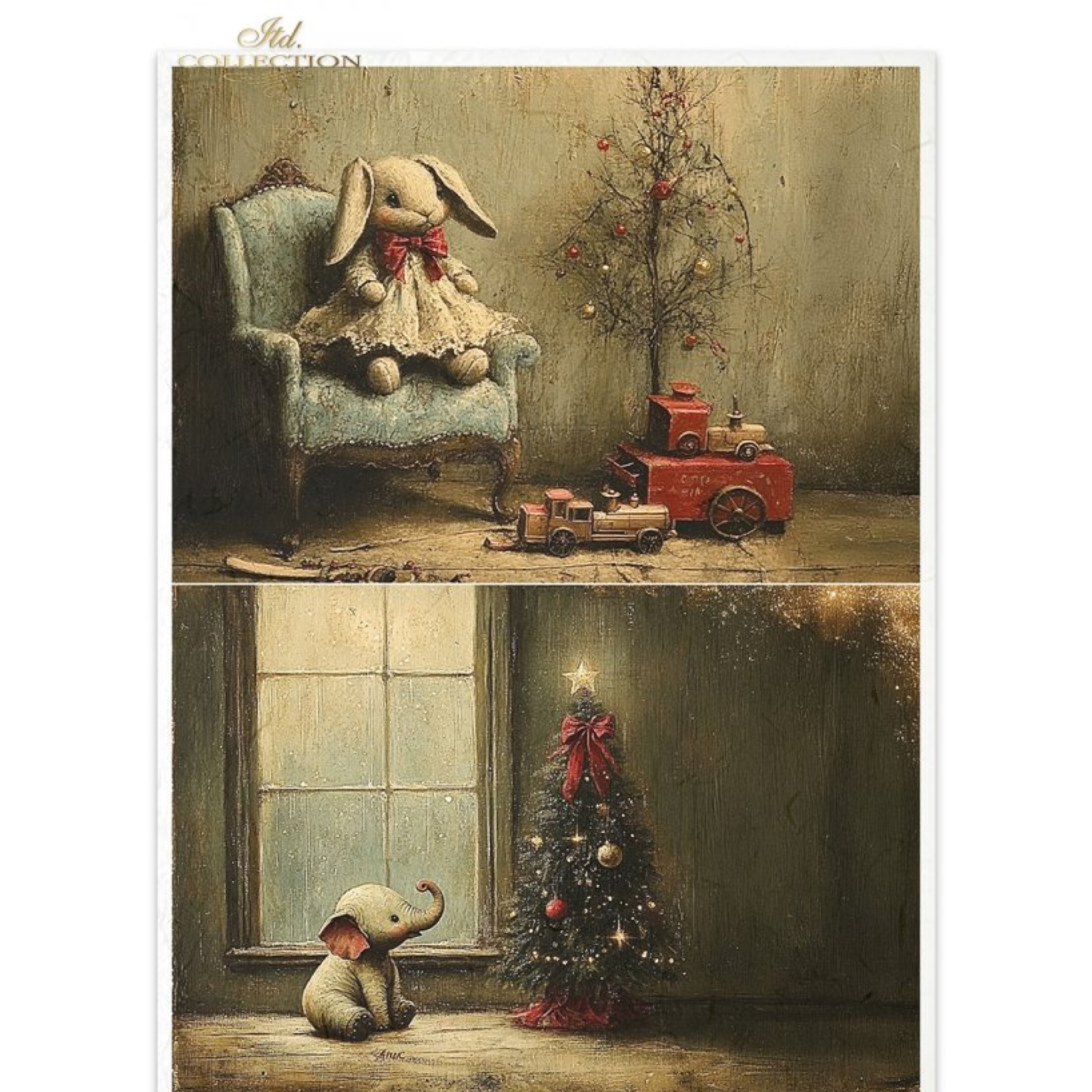 Illustration of a stuffed bunny in a chair with toys and a Christmas tree, and a stuffed elephant at a foot of a Christmas tree.