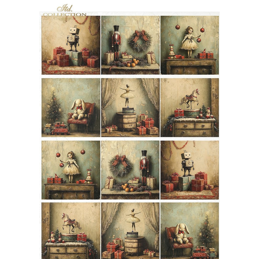 Collection of vintage-style Christmas thumbnail images with vintage toys and decorations.