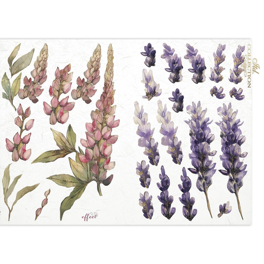 Sheet of floral images with pink hyacinths and purple lavender sprigs a white background. 