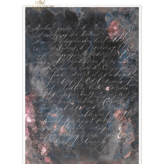 Textured paper with watercolor floral design and vintage script overlay on a dark background.