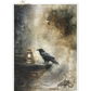Gothic-style illustration with a crow perched on a pedestal next to an oil lamp against a textured background.