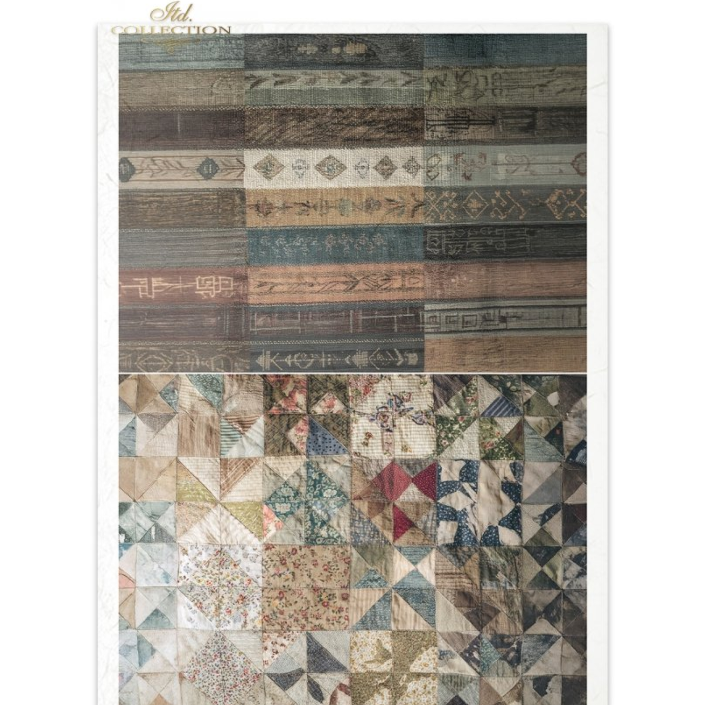 Two textile and quilt patterns in earthy tones.
