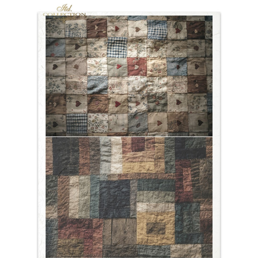 Two patchwork quilt patterns with a variety of square patterns in earthy tones.