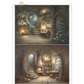 Two illustrations of a cozy, rustic interior with stone walls and wooden furniture.