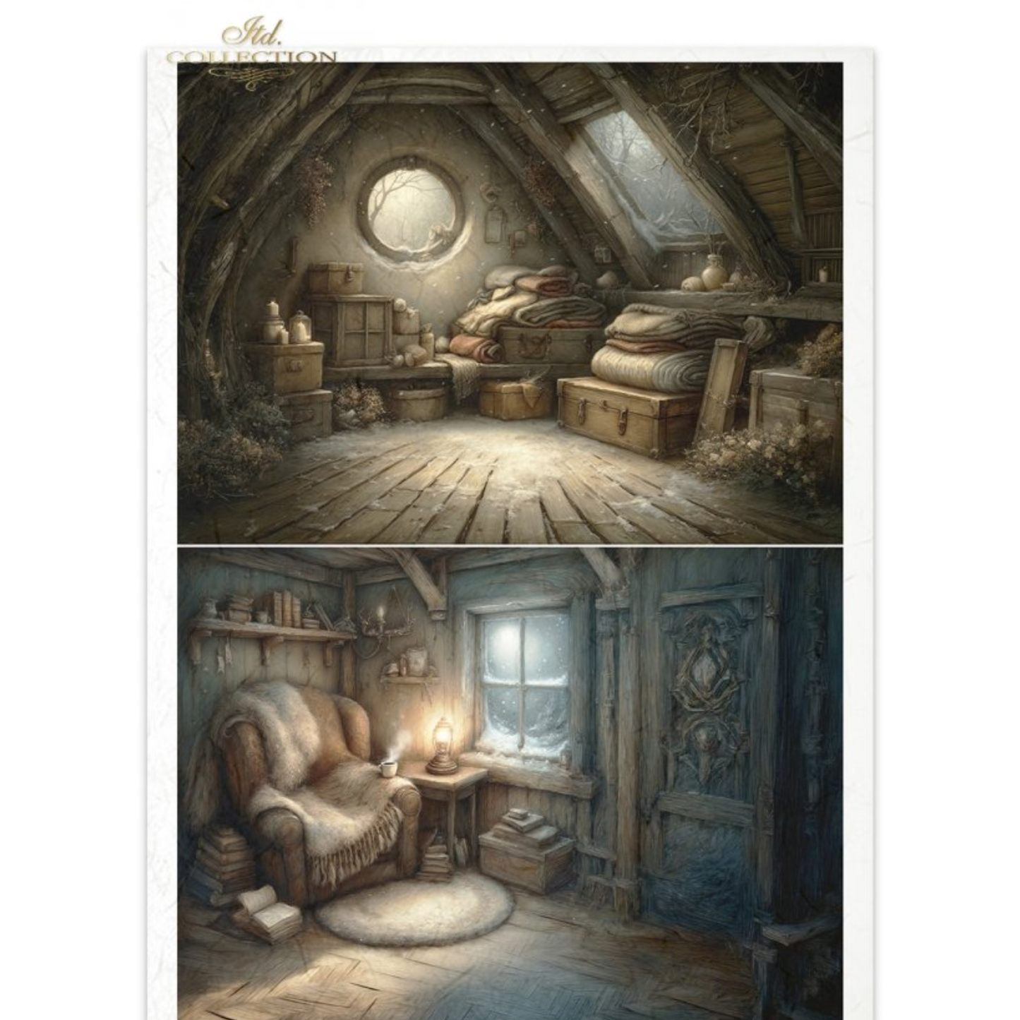 Two illustrations of cozy rooms with wooden floors and rustic decor.