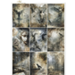 A sheet of decorative paper featuring a grid of gothic and mystical illustrations in muted sepia and gray tones, including angel faces, crows, misty ruins, and aged paper textures.