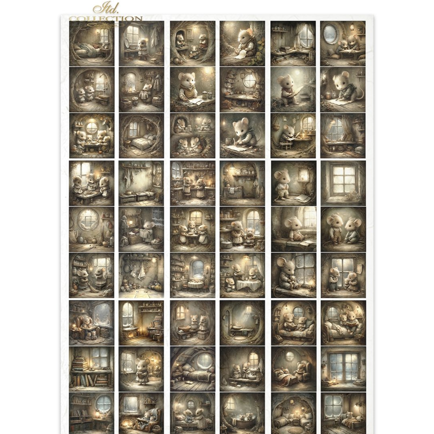 Collage of 54 small thumbnail illustrations in a grid pattern, each depicting a different Mouse Family scene.