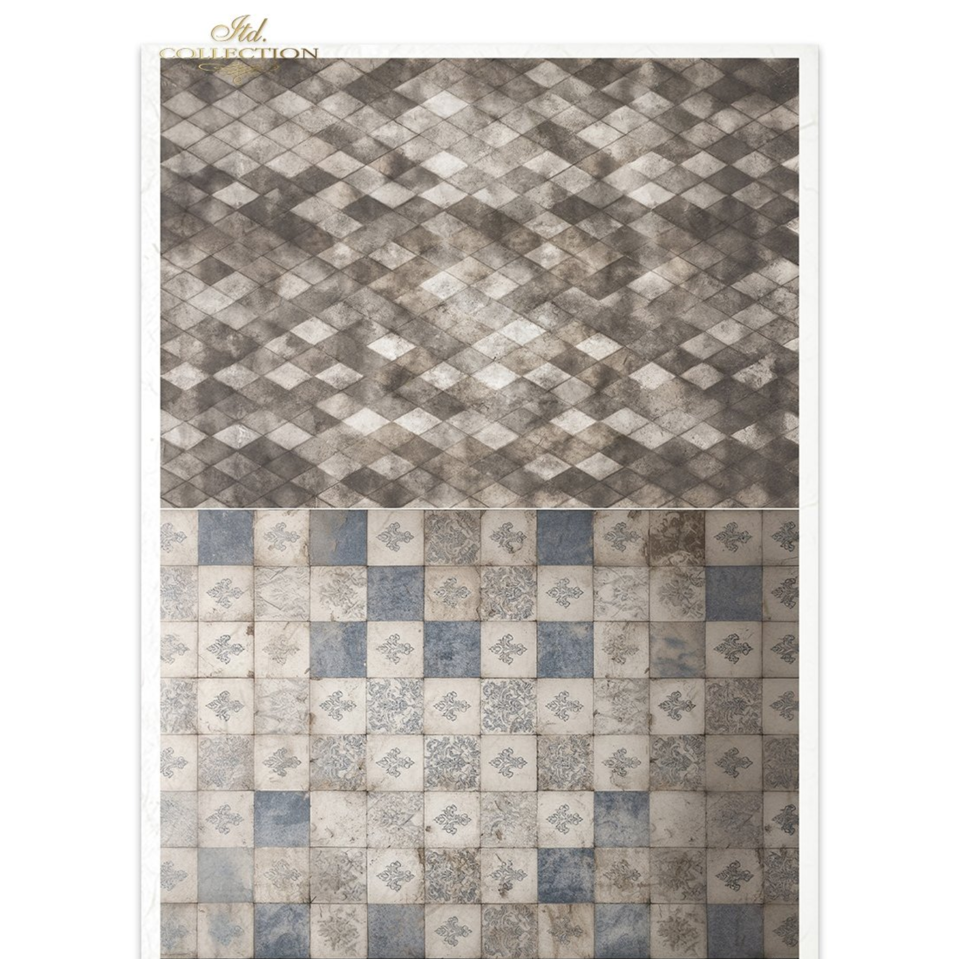 Harlequin and check patterened paper with fleur de lis pattern on a distressed background.