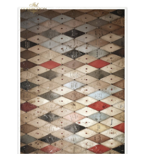 Harlequin patterned paper with diamond shapes in various colors.