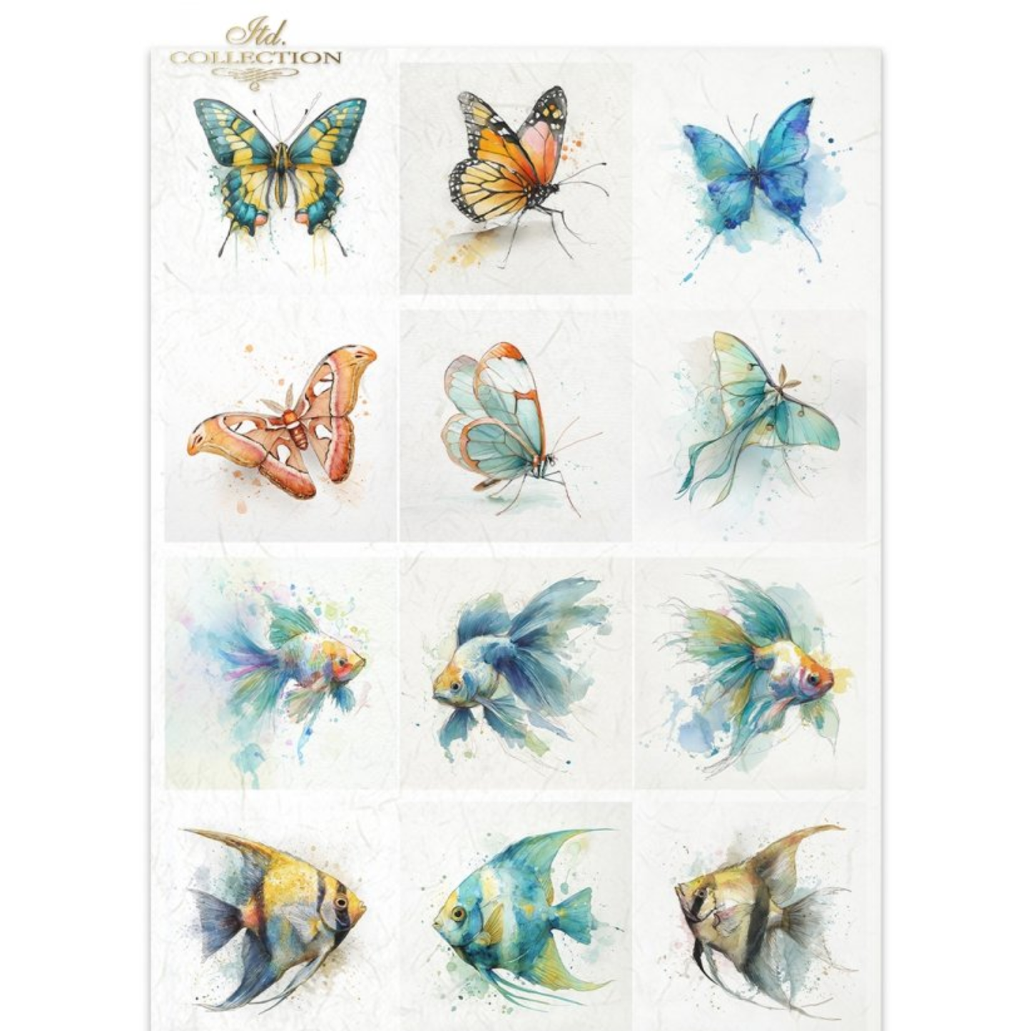 Watercolor butterfly and fish illustrations, featuring twelve artistic designs in blue, green, orange, and yellow tones on a white background. 