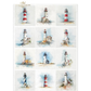 A sheet of watercolor-style lighthouse illustrations arranged in a grid with multiple coastal lighthouse scenes in soft pastel tones including red, white, blue, beige, and brown.