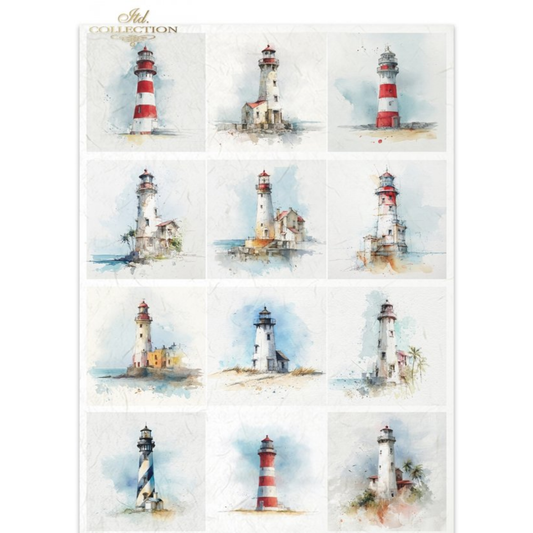 A sheet of watercolor-style lighthouse illustrations arranged in a grid with multiple coastal lighthouse scenes in soft pastel tones including red, white, blue, beige, and brown.