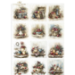 A sheet of decorative paper featuring 12 vintage-style autumn still life illustrations, including baskets of apples, flowers, teacups, and rustic baskets.