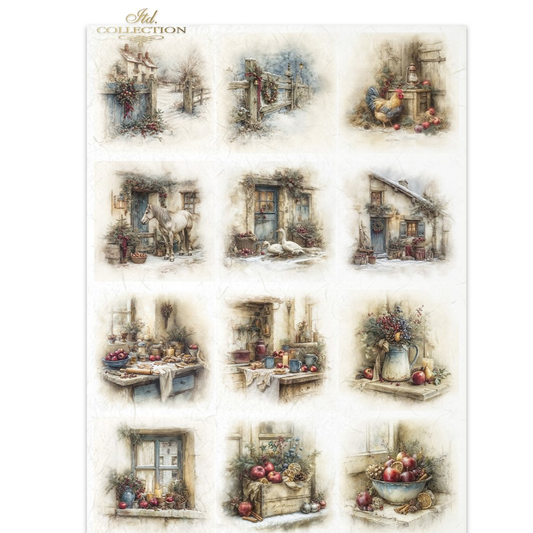 Decorative paper featuring a vintage collection of rustic scenes, including a rooster, a goose, a chicken, and various quaint houses, tables, and windows with floral and fruit details, all on a cream background.