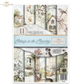 Front Cover from ITD Collection's 'Cottage in the Country' rice paper set, featuring 11 different vintage-style papers with illustrations of cottages, flowers, a dog, and rustic elements.