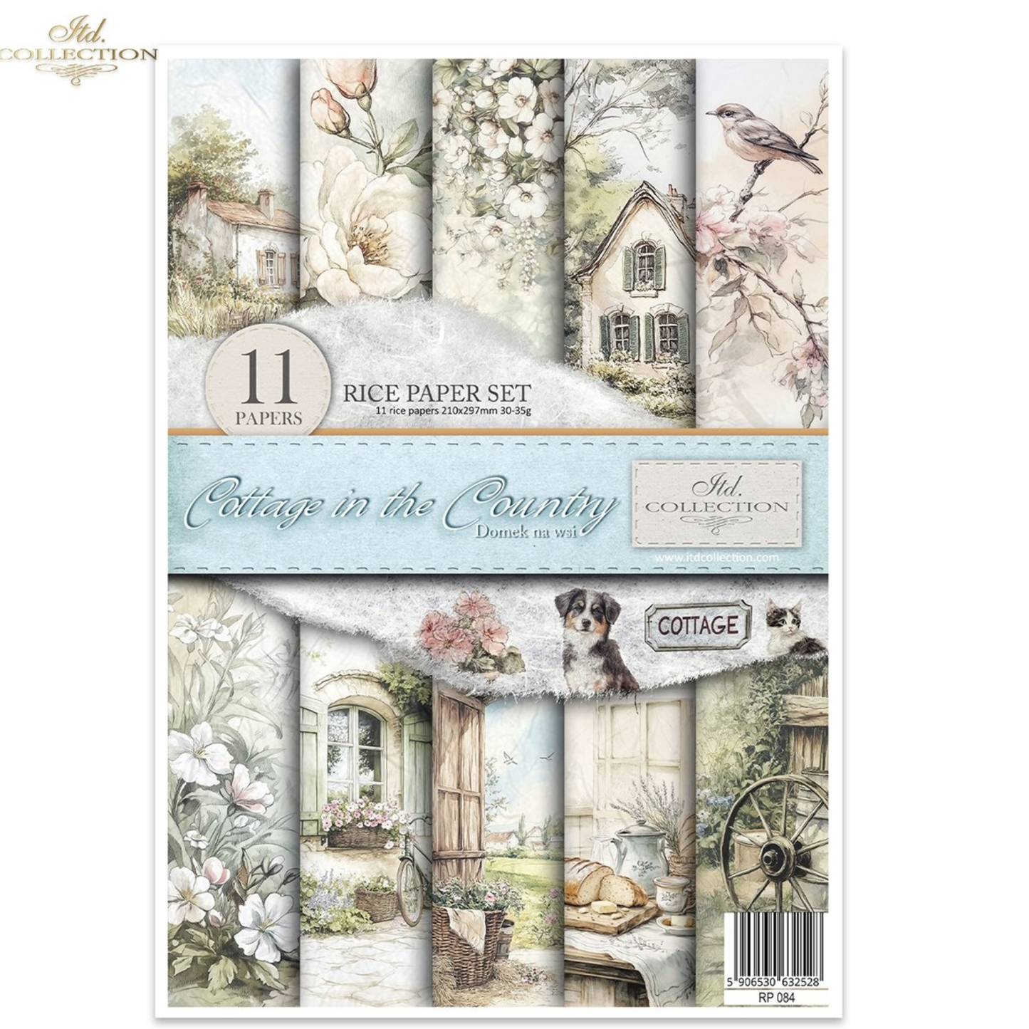 Front Cover from ITD Collection's 'Cottage in the Country' rice paper set, featuring 11 different vintage-style papers with illustrations of cottages, flowers, a dog, and rustic elements.