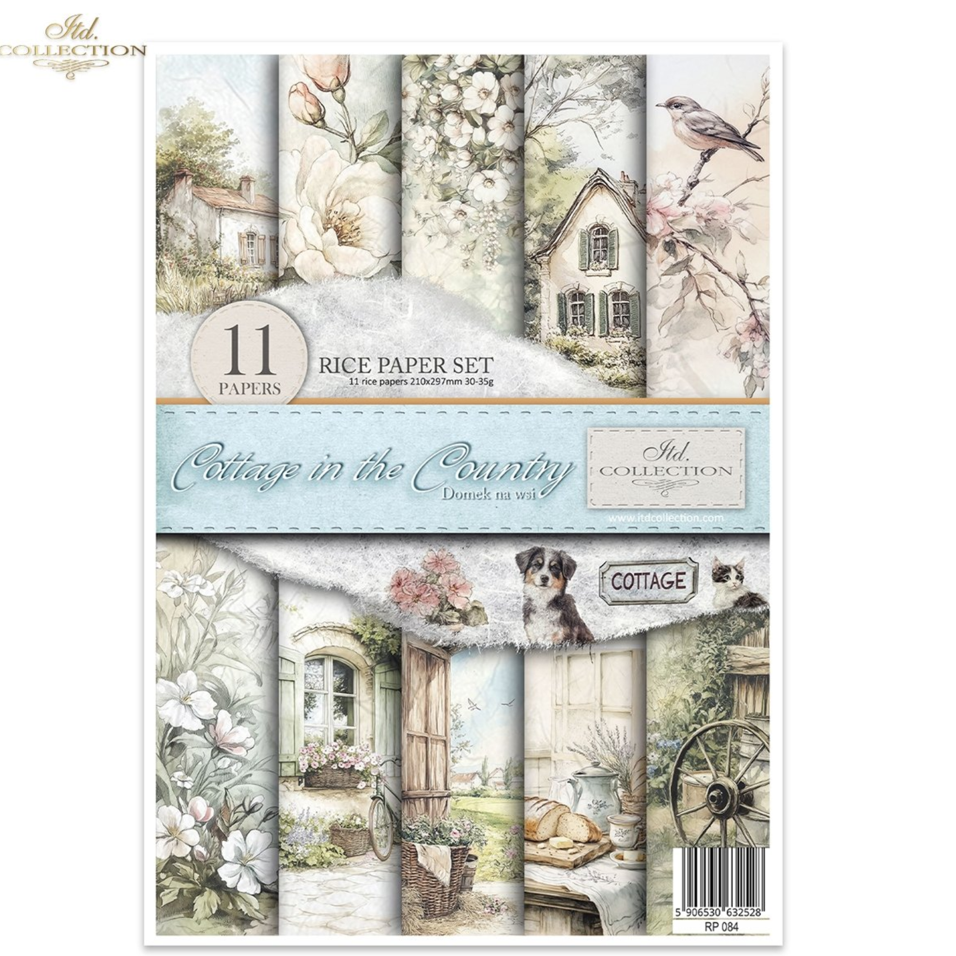 Front Cover from ITD Collection's 'Cottage in the Country' rice paper set, featuring 11 different vintage-style papers with illustrations of cottages, flowers, a dog, and rustic elements.