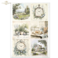 A sheet of decorative paper featuring a vintage 6-panel collage of watercolor illustrations, including landscapes, clocks, flowers, plants, bread, and a country house.