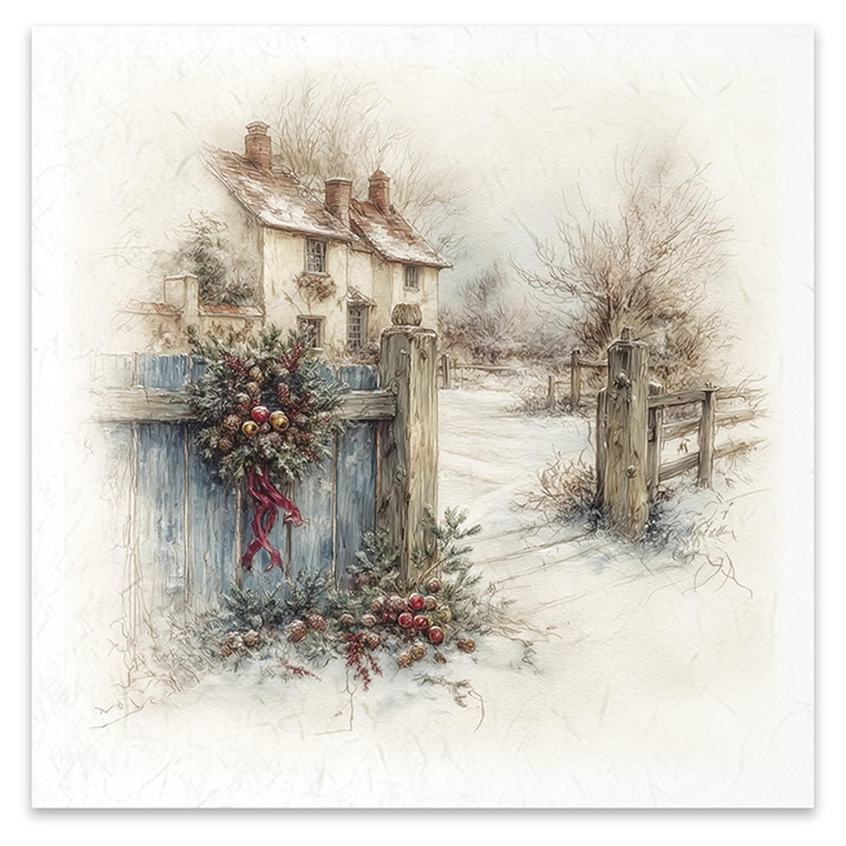 A square image depicting a snowy winter village scene with a small cottage, wooden fence, gate, and holiday wreath in the foreground.