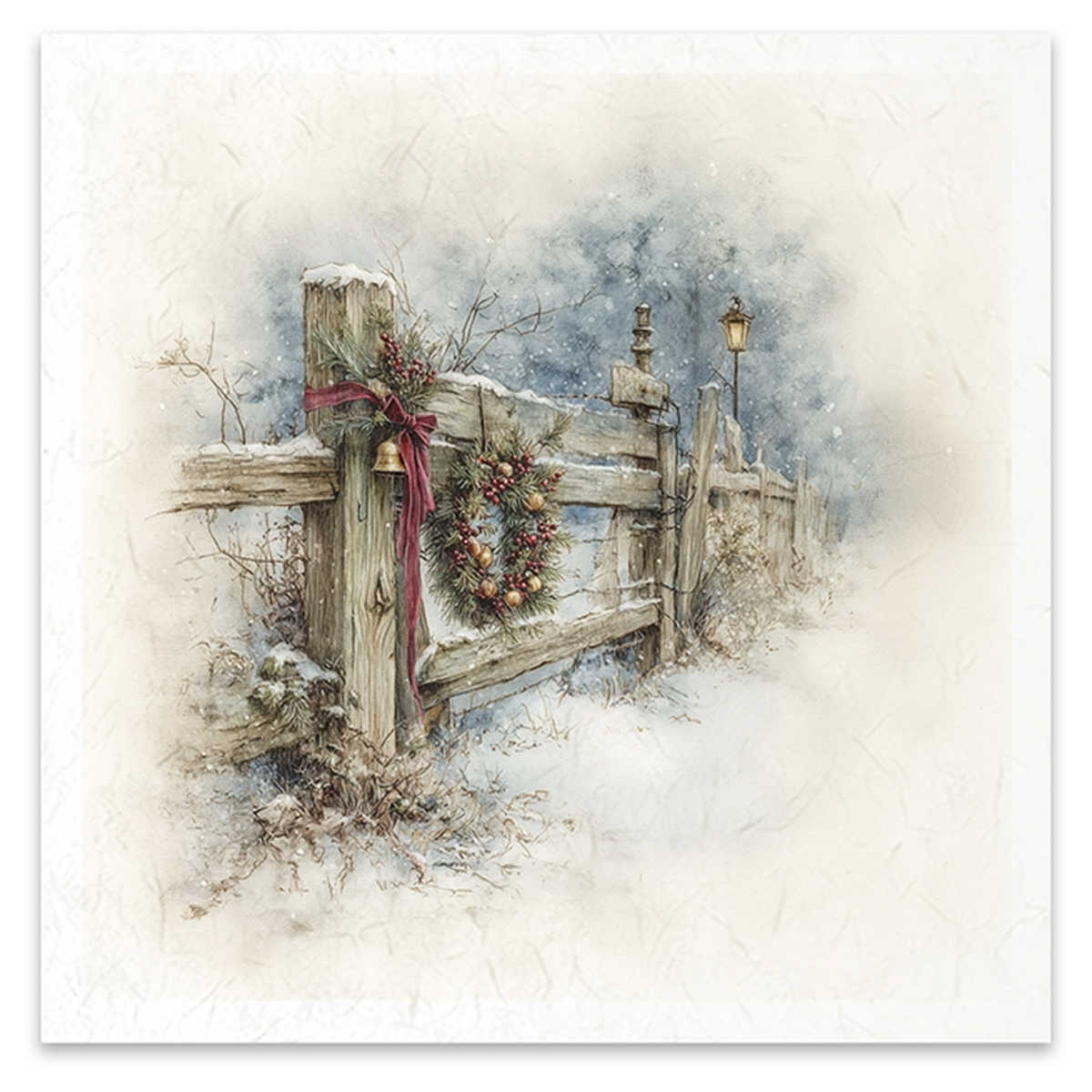 A square image depicting a rustic wooden fence in a snowy winter scene, adorned with a green wreath and red ribbon, with a snow-covered ground and a soft blue-gray sky.