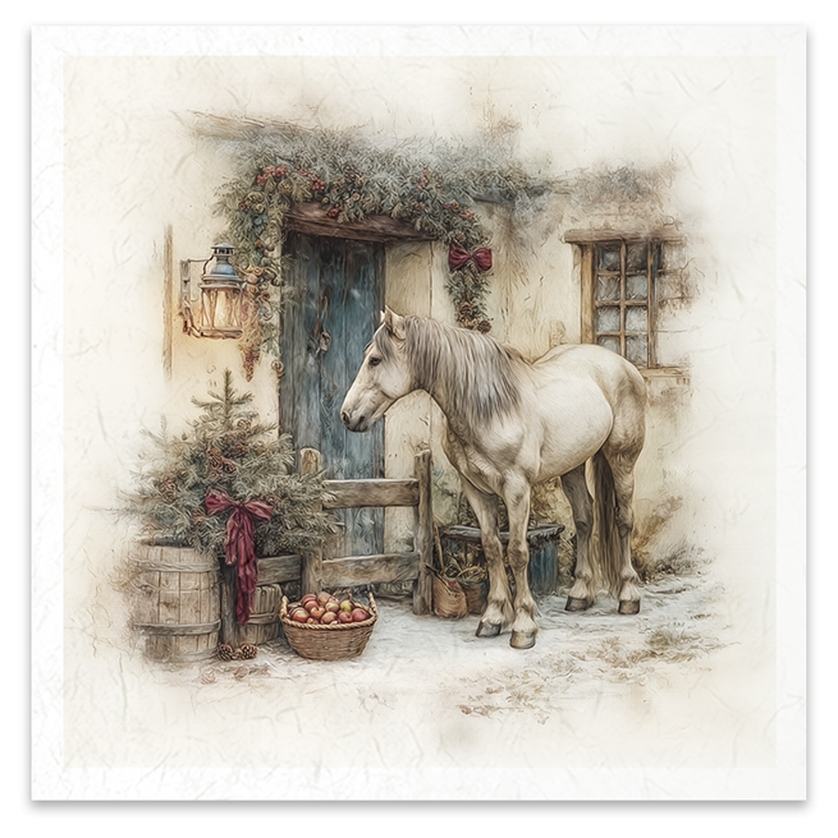 A square image featuring a light gray horse standing in front of a rustic doorway decorated with green garlands and red bows, with baskets of apples and a small evergreen tree nearby.