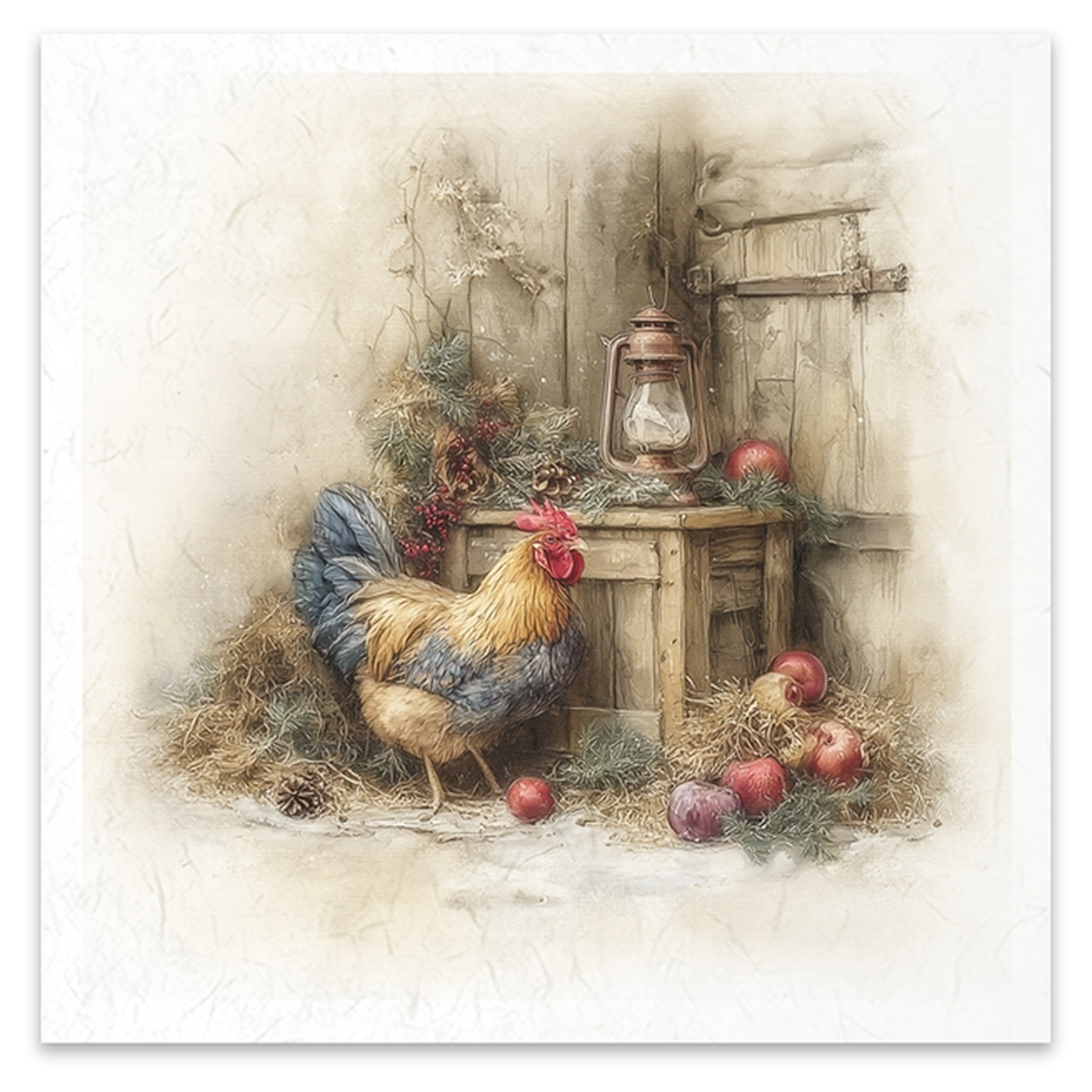 A rustic image depicting a rooster standing beside a small wooden crate with a lantern, red apples, pine branches, and hay in a softly painted barn scene.