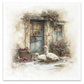 A square image featuring a rustic watercolor-style scene of two white geese standing outside a weathered blue door with baskets of red onions, set against a warm cream background.
