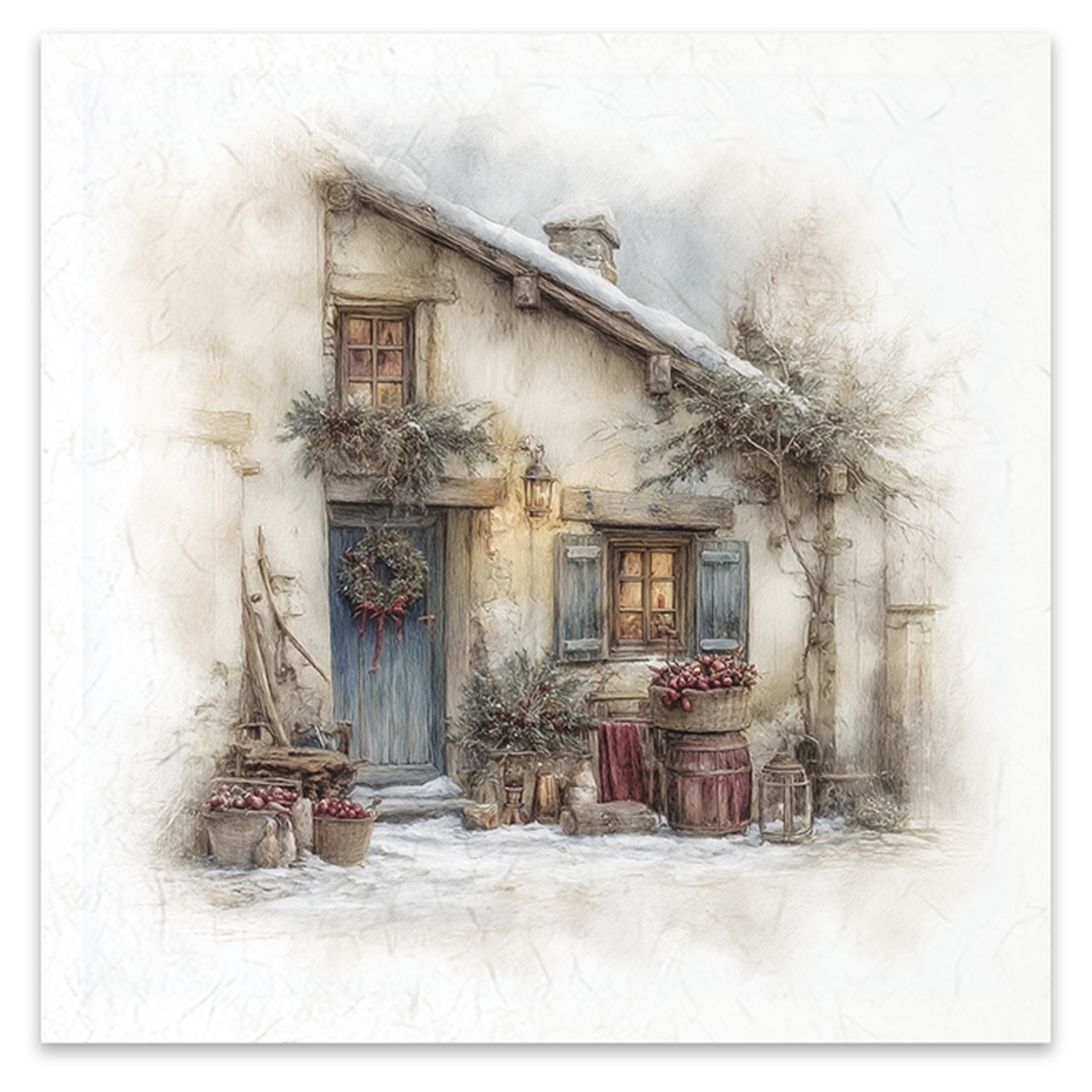 A square image depicting a rustic cottage in winter with snow on the roof and ground, a blue door with a wreath, shuttered windows, and potted plants, shown with a white border.