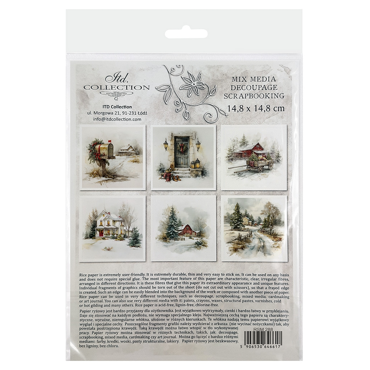 ITD Collection RSM 288 mixed media decoupage scrapbooking paper pack, featuring six images depicting farmhouse winter cottage scenes.