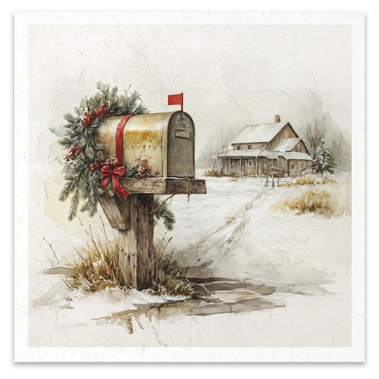 A square art print featuring a winter village scene with a snow-covered mailbox decorated with a green wreath and red bow, with a rustic house in the background.