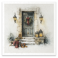A square image depicting a snowy winter scene at a rustic stone doorstep. A weathered dark blue-gray door is adorned with a green wreath and red bow, with warm lanterns glowing on both sides.