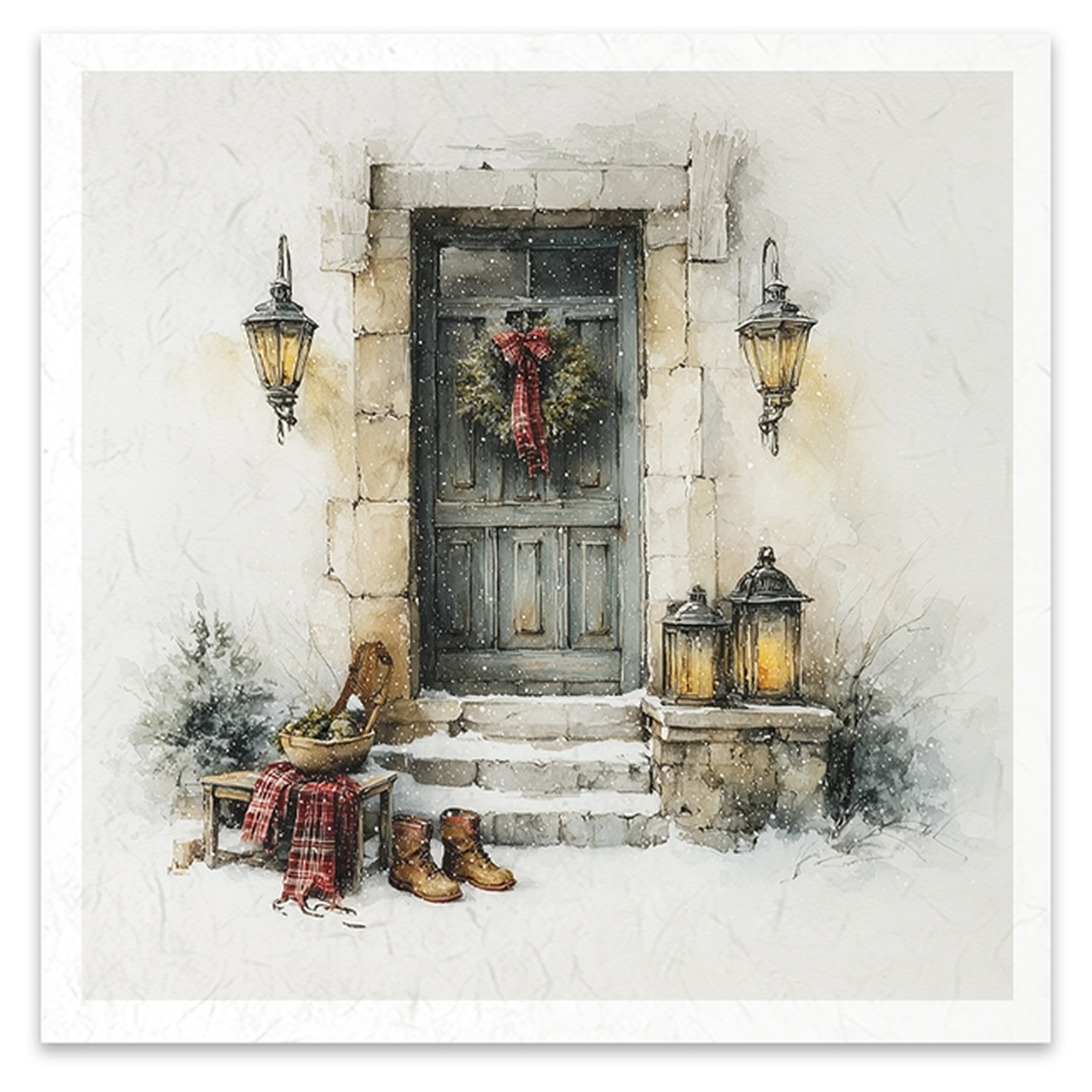 A square image depicting a snowy winter scene at a rustic stone doorstep. A weathered dark blue-gray door is adorned with a green wreath and red bow, with warm lanterns glowing on both sides.