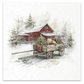 A watercolor-style winter scene image showing a red barn, snow-covered ground, evergreen trees, and a wooden cart carrying Christmas trees and wrapped gifts.