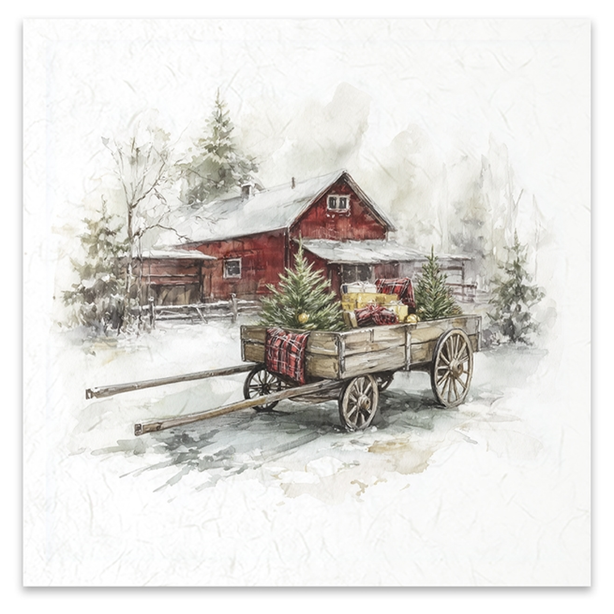 A watercolor-style winter scene image showing a red barn, snow-covered ground, evergreen trees, and a wooden cart carrying Christmas trees and wrapped gifts.