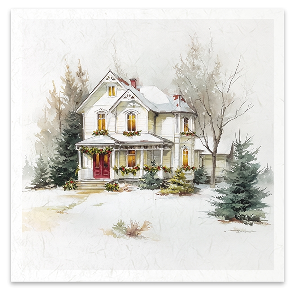 A watercolor-style winter scene print showing a snow-covered white house with a red front door, warm yellow window light, evergreen trees, and bare winter trees on a light textured background.