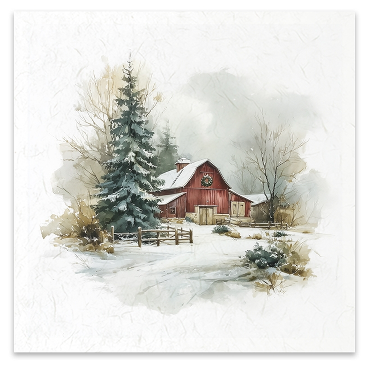 A square watercolor-style image depicting a snowy winter landscape with a red barn, evergreen tree, bare trees, and soft misty background on an off-white textured field.