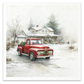 Image featuring a vintage red pickup truck parked in a snowy landscape in front of a small house. The scene has a soft, painterly texture with muted whites, grays, and browns, and the truck is decorated with a green holiday wreath.