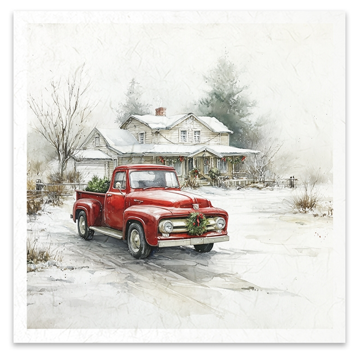 Image featuring a vintage red pickup truck parked in a snowy landscape in front of a small house. The scene has a soft, painterly texture with muted whites, grays, and browns, and the truck is decorated with a green holiday wreath.