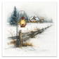 A winter landscape image showing a snowy field with a rustic wooden fence, a glowing lantern in the foreground, evergreen trees, and a small cabin with warm lights in the distance.
