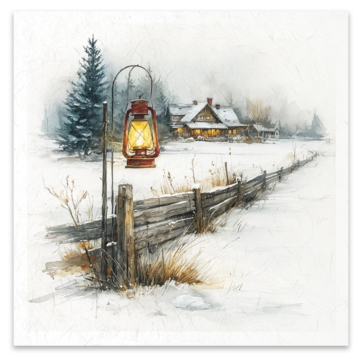 A winter landscape image showing a snowy field with a rustic wooden fence, a glowing lantern in the foreground, evergreen trees, and a small cabin with warm lights in the distance.