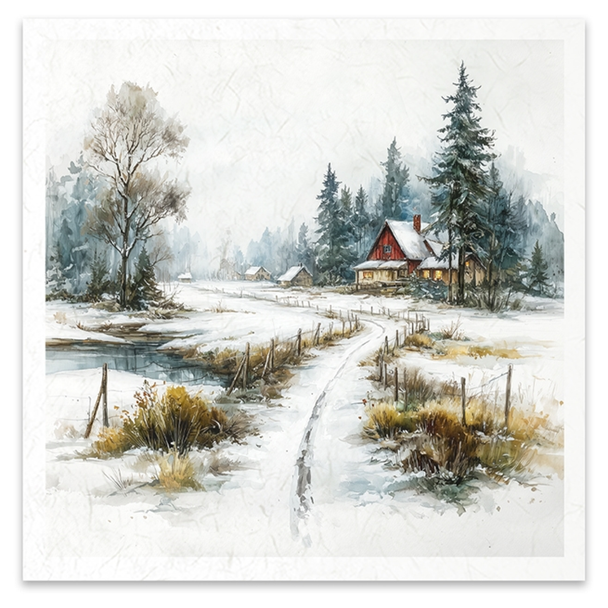 A watercolor-style winter landscape painting showing a snowy path leading to a small red-roofed cabin, with evergreen trees, bare trees, and a pale misty sky.