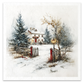 A watercolor-style winter landscape artwork showing a snow-covered path leading to a small house, with evergreen trees, bare branches, a fence, and a lit streetlamp on an off-white textured background.