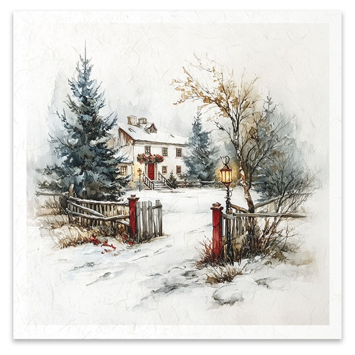 A watercolor-style winter landscape artwork showing a snow-covered path leading to a small house, with evergreen trees, bare branches, a fence, and a lit streetlamp on an off-white textured background.