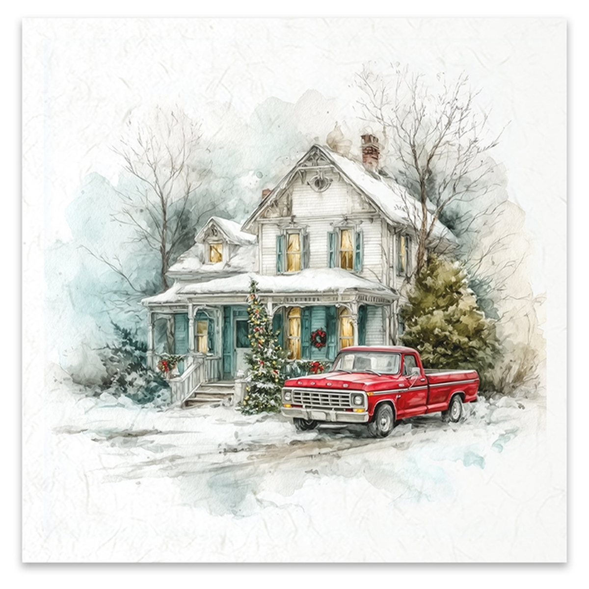 A watercolor-style winter scene showing a snow-covered house with warm yellow windows, bare trees, a Christmas tree, and a red pickup truck parked in front on a mostly white background.