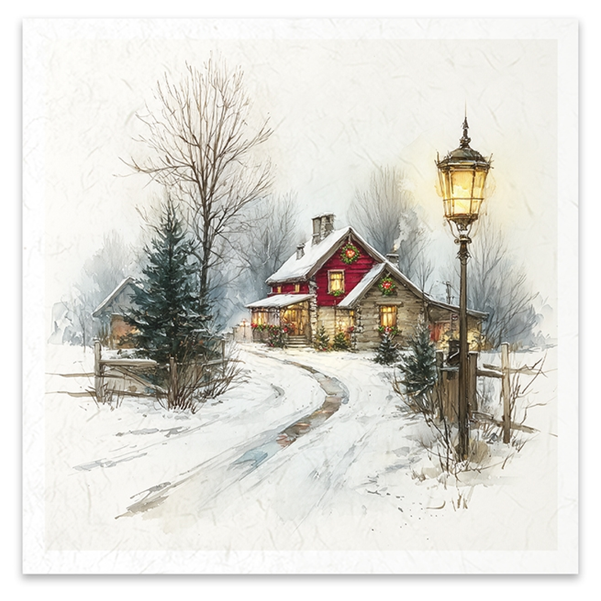 A square image featuring a watercolor-style winter village scene with snow-covered ground, a red cabin with glowing windows, bare trees, evergreen trees, and a lit street lamp on a white background.